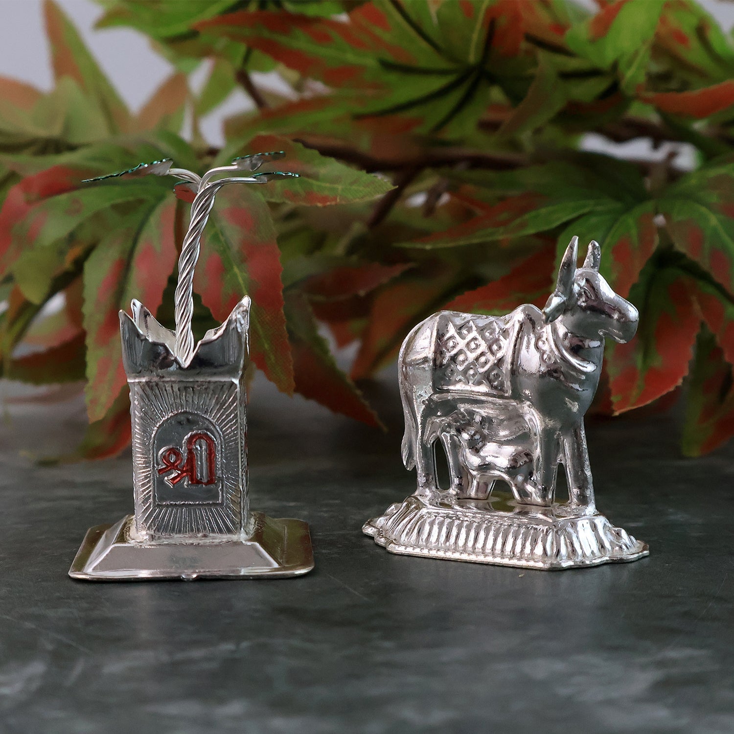 Silver-Plated Kamdhenu Cow & Tulsi Plant Pair – Pooja & Home Décor Silver-Plated Kamdhenu Cow & Tulsi Plant Pair – Pooja & Home Décor